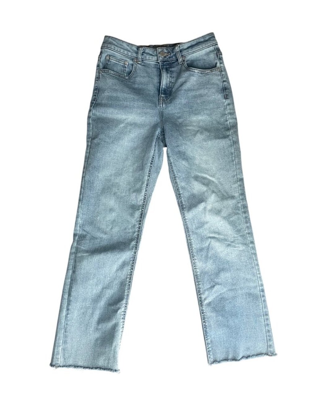 OAT New York Womens Light Wash Straight-Leg Denim Jeans Size 2/26 Raw Hem Zip